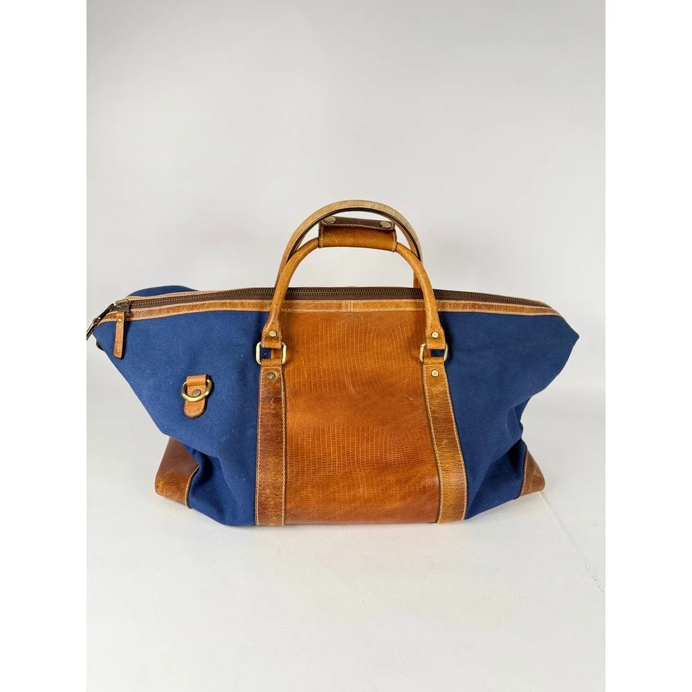 F.H. Wadsworth NYC Canvas Leather Duffle Bag Navy Blue Lizard Embossed Travel